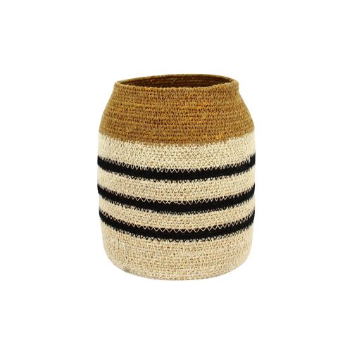 PANIER EN JONC DE MER NATUREL ET SAFRAN AVEC BANDES NOIRS 15XHT18CM KASBA