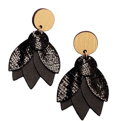 Black Mandala Earrings - (made in France) in solid beech wood and leather