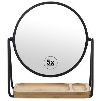 Badezimmerspiegel aus schwarzem Metall mit 5 Vergrößerungen und Sockel aus Bambusholz, 19 x 8 x 22 cm, Spiegel: 18 cm, LL87163