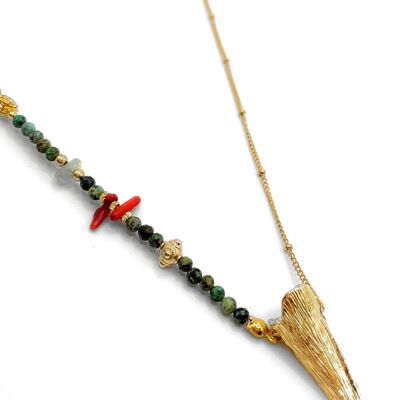 Natural African Turquoise stone necklace, red coral, stainless steel chain & gold-plated beads - Handmade - Ravage