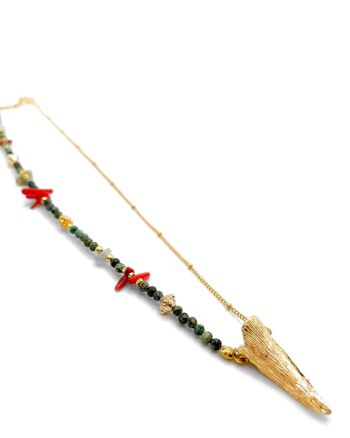 Collier en pierre naturelle de Turquoise Africaine, corail rouge, chaîne acier inoxydable & perles plaquées or - Fait main - Ravage 2