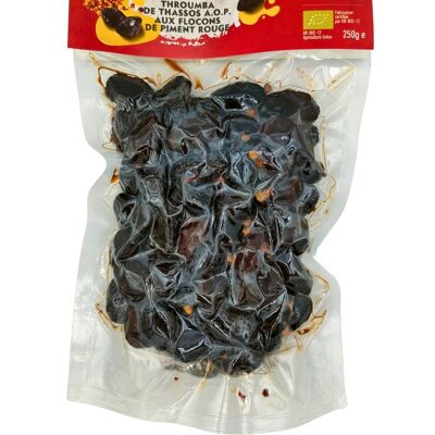 Throumba Greek Olives from Thassos PDO Organic with Red Pepper Flakes 250g