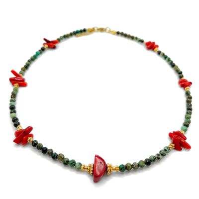 Natürliche afrikanische Türkis-Stein-Halskette, rote Koralle und vergoldete Perlen – handgefertigt – Ravage