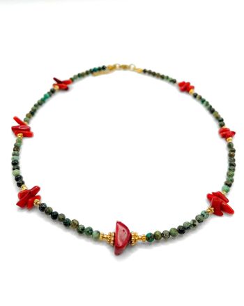 Collier en pierre naturelle de Turquoise Africaine, corail rouge & perles plaquées or - Fait main - Ravage 1