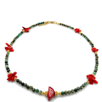 Collier en pierre naturelle de Turquoise Africaine, corail rouge & perles plaquées or - Fait main - Ravage