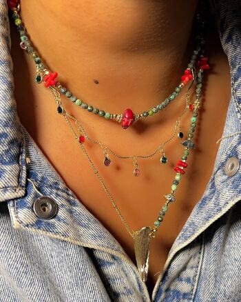 Collier en pierre naturelle de Turquoise Africaine, corail rouge & perles plaquées or - Fait main - Ravage 3