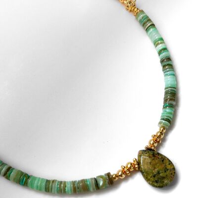 Shell necklace, Unakite & gold-plated beads - Handmade - Ravage