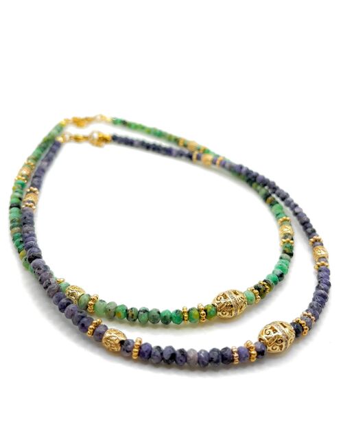 Collier en Jade, perles plaquées or et pendentif central avec zircons - Fait main - Ravage