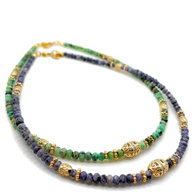 Jade-Halskette, vergoldete Perlen und zentraler Anhänger mit Zirkonen – handgefertigt – Ravage