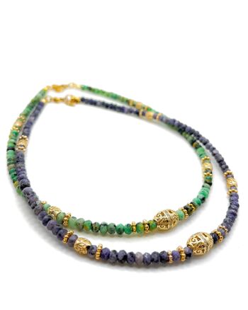 Collier en Jade, perles plaquées or et pendentif central avec zircons - Fait main - Ravage 1