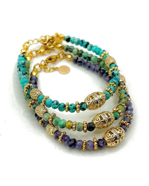 Bracelet en Jade, perles plaquées or et pendentif central avec zircons - Fait main - Ravage