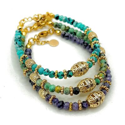 Bracciale in giada, perline placcate oro e pendente centrale con zirconi - Fatto a mano - Ravage