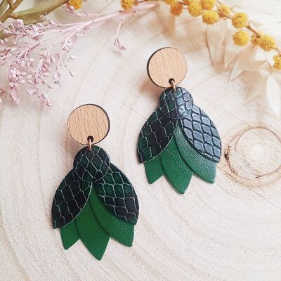 Emerald Green Mandala Earrings - (made in France) in solid beech wood and leather