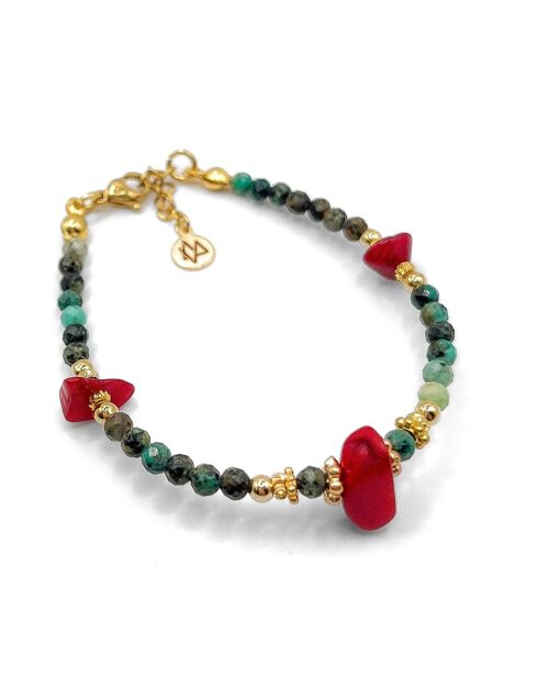 Bracelet en pierres de turquoise Africaine, corail rouge & perles plaquées or - Fait main - Ravage