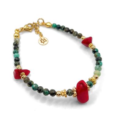 Bracelet en pierres de turquoise Africaine, corail rouge & perles plaquées or - Fait main - Ravage