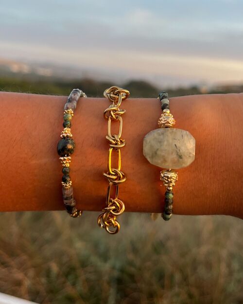Bracelet en pierres de turquoise Africaine, Préhnite & perles plaquées or - Fait main - Ravage