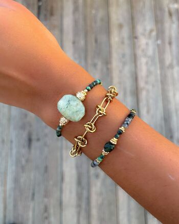 Bracelet en pierres de turquoise Africaine, Préhnite & perles plaquées or - Fait main - Ravage 3
