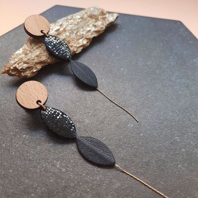 Boucles d'Oreilles Iris Noir - (made in France) en bois de Hêtre massif et cuir