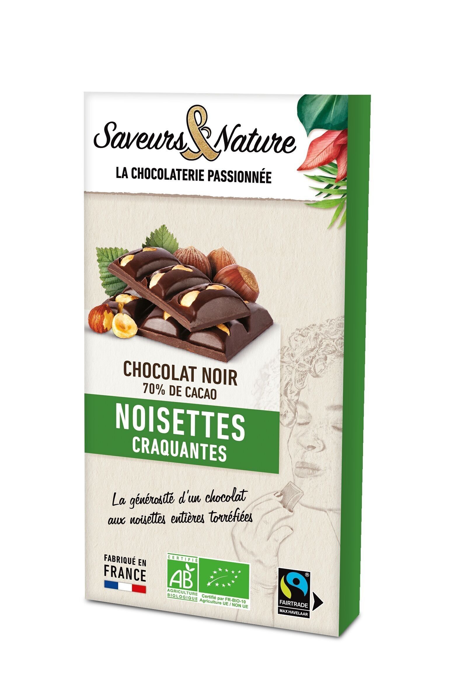 Tavoletta di cioccolato fondente 70% ricoperta di nocciole intere - 100g