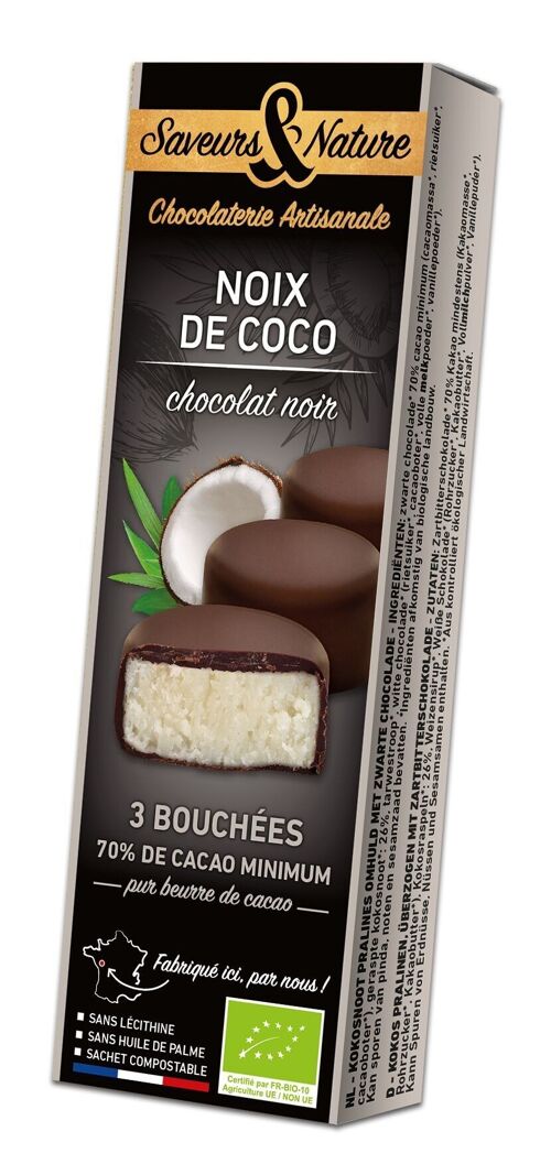 Bouchées noix de coco enrobées de chocolat noir 70% de cacao