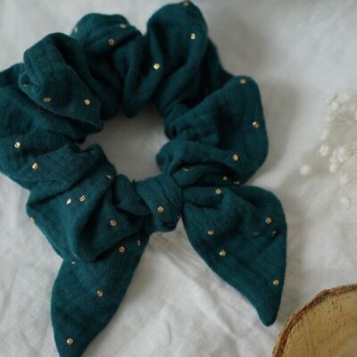 Dark Green Ivy Bow Scrunchie with Gold Polka Dots
