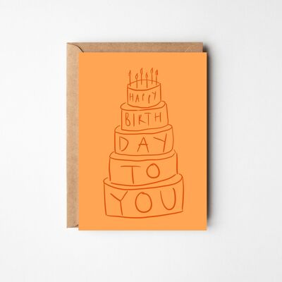 Feliz cumpleaños: tarjeta con pastel de cumpleaños en niveles de color naranja