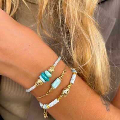 Armband aus Paillettenperlen, Hämatit, peruanischem Türkis und vergoldeten Perlen – Handgefertigt – Ravage