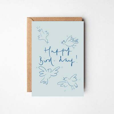 Happy Bird-Day - Tarjeta azul de feliz cumpleaños con pájaros