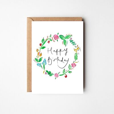 Happy Birthday Floral Wreath - Pretty Floral Birthday Card