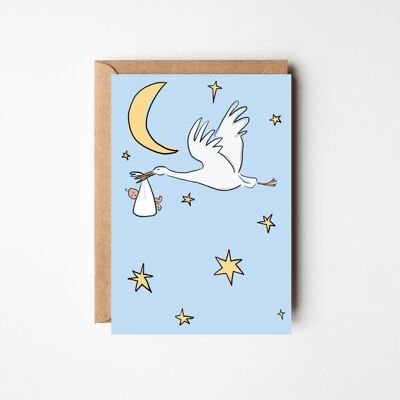 Nouvelle carte bébé (blanche) – Carte bébé doux avec une cigogne