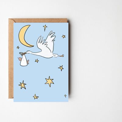 Nouvelle carte bébé (blanche) – Carte bébé doux avec une cigogne