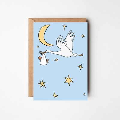 Neue Babykarte (Tan) – Süßes Baby mit einer Storchkarte