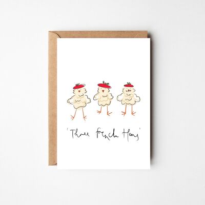 Tre galline francesi - Biglietto natalizio con animali divertenti