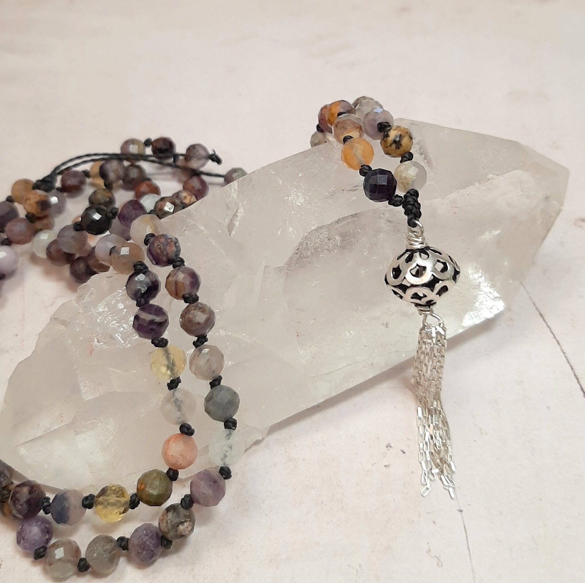 Collar Largo Mala Multicolor Piedras Naturales Plata 925