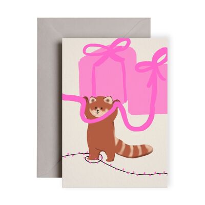 Tarjeta navideña Panda rojo con regalos