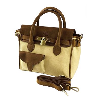K0042ALCB | Mini Handbag in Canvas/Genuine Leather Made in Italy. Removable shoulder strap. Attachments with metal snap hooks in Antique Brass - Rope color - Dimensions: 24 x 20 x 12 cm