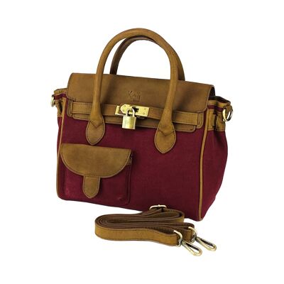 K0042XCB | Mini-Handtasche aus Canvas/echtem Leder, hergestellt in Italien. Abnehmbarer Schultergurt. Befestigungen mit Karabinerhaken aus Metall in Antikmessing – Farbe Bordeaux – Maße: 24 x 20 x 12 cm