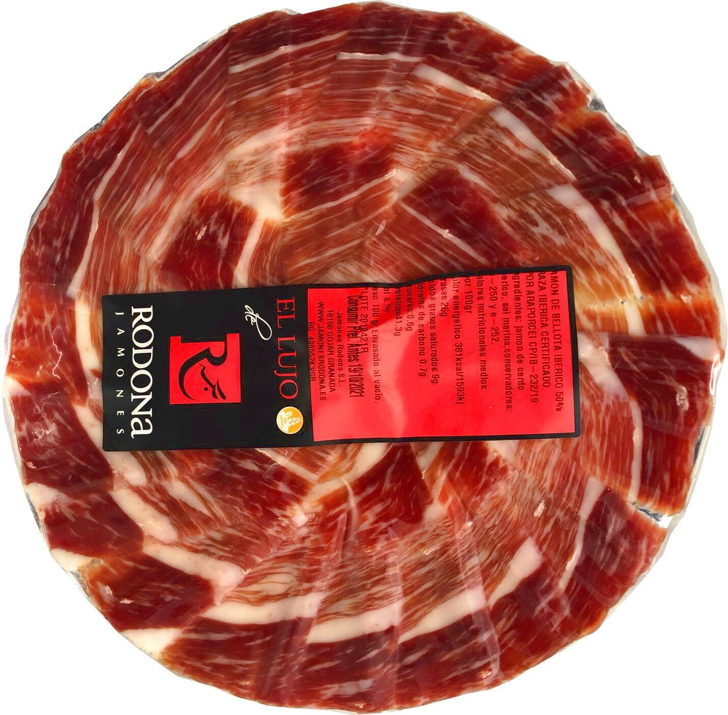 1 kg di prosciutto iberico di ghianda 50% razza iberica affettato a macchina in piccole cappe