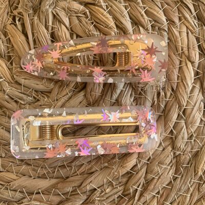 Transparent resin barrette with colored stars