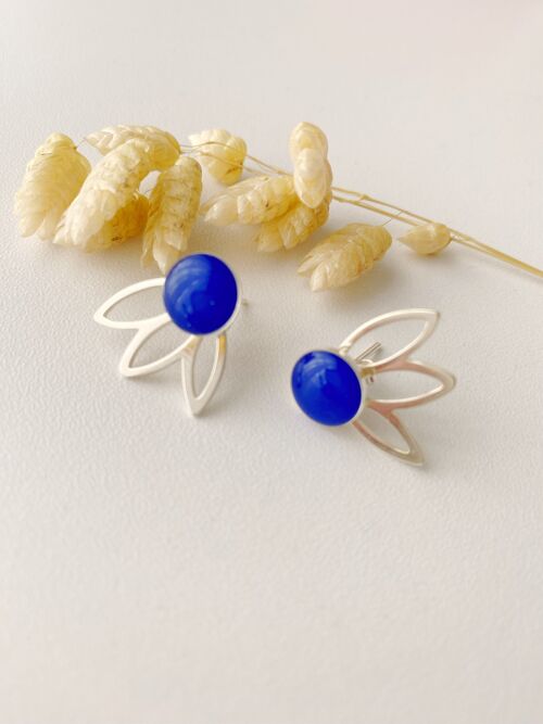 boucles d’oreilles FLEUR bleu roi, puces modulables, 3 en 1