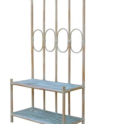 Reception bench with limed white rattan coat rack