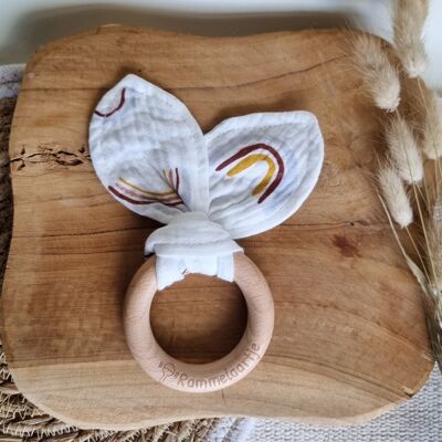 Wooden teething ring with soft rabbit ears 15cm - White / Rainbow