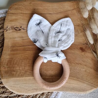 Wooden teething ring with soft rabbit ears 15cm - White / Dandelion