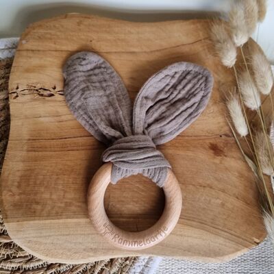 Wooden teething ring with soft rabbit ears 15cm - Soft brown