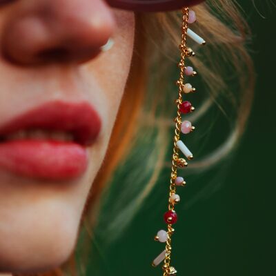Catena per occhiali stile gioiello con perle rosa e bianche e rete dorata, modello FLORA - Made in France