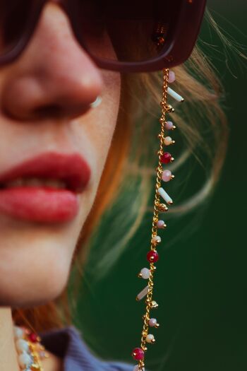Chaine de lunettes façon bijoux à perles roses et blanches et maille dorée, modèle FLORA - Made in France 1