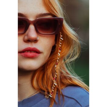 Chaine de lunettes façon bijoux à perles roses et blanches et maille dorée, modèle FLORA - Made in France 2
