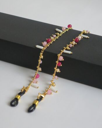 Chaine de lunettes façon bijoux à perles roses et blanches et maille dorée, modèle FLORA - Made in France 3