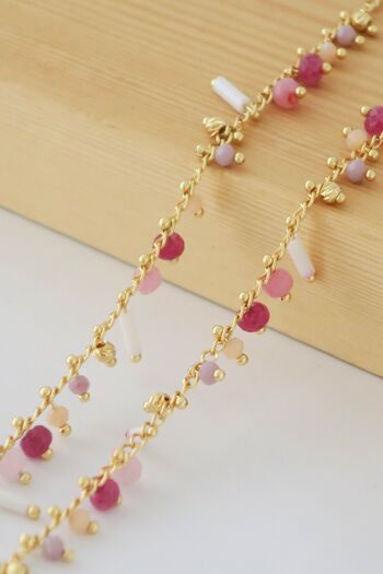 Chaine de lunettes façon bijoux à perles roses et blanches et maille dorée, modèle FLORA - Made in France 4