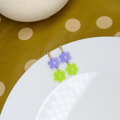 Boucles d'oreilles fleurs colorées violet citron vert